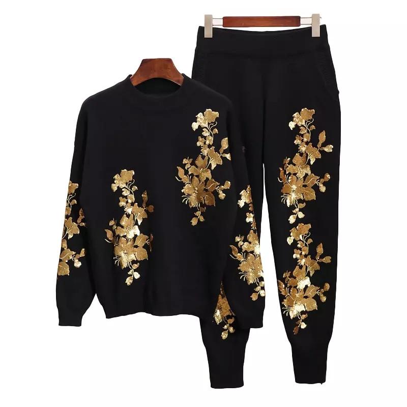 

Women's Two Piece Pants Casual Chandal Mujer Women Set Autumn Sequins Embroidery Knitted Pullover Tops+Trousers 2PCS Clothing Sets, Picture color1