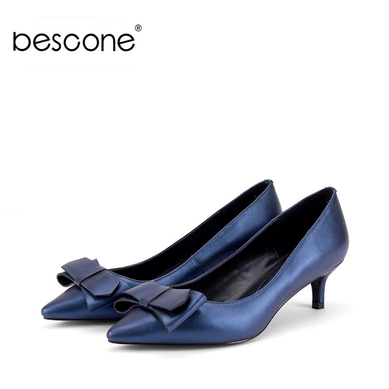 

Dress Shoes BESCONE Blue Sheepskin Women Pumps Elegant Pointed Toe Thin Heels Genuine Leather Butterfly-Knot Slip-On Ladies A81, Black