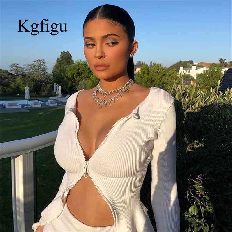 

KGFIGU kylie jenner ribbed Tops jackets Autumn long sleeve zipper coats sexy streetwear Ladies white knit kimono casaco feminino SH190912, Skirts