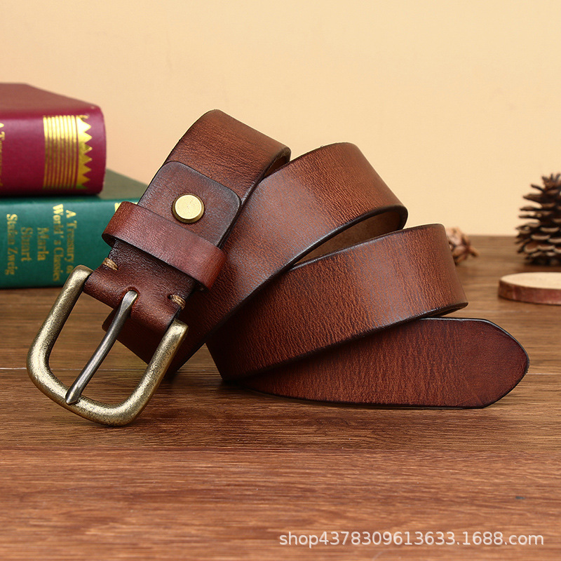 

New Trendy Bronze Buckle Belt Male Leather Pin Student Korean Style Versatile Retro Pure Cowhide No. 2, Black
