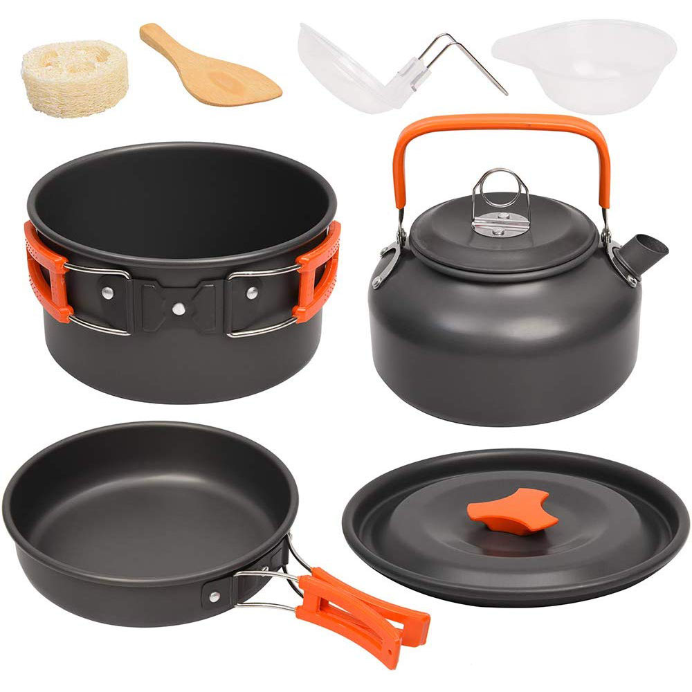 

Camping Cookware Kit Outdoor Aluminum Cooking Set Water Kettle Pan Pot Travelling Hiking Picnic BBQ Tableware Equipment FT136