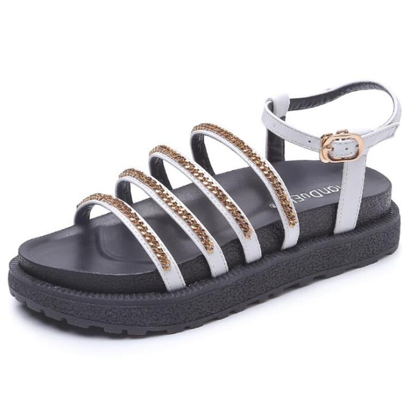

Dress Shoes Summer Women Sandals Fashion Gladiator Female Flat Rome Style Metal Chain Ll223, Black