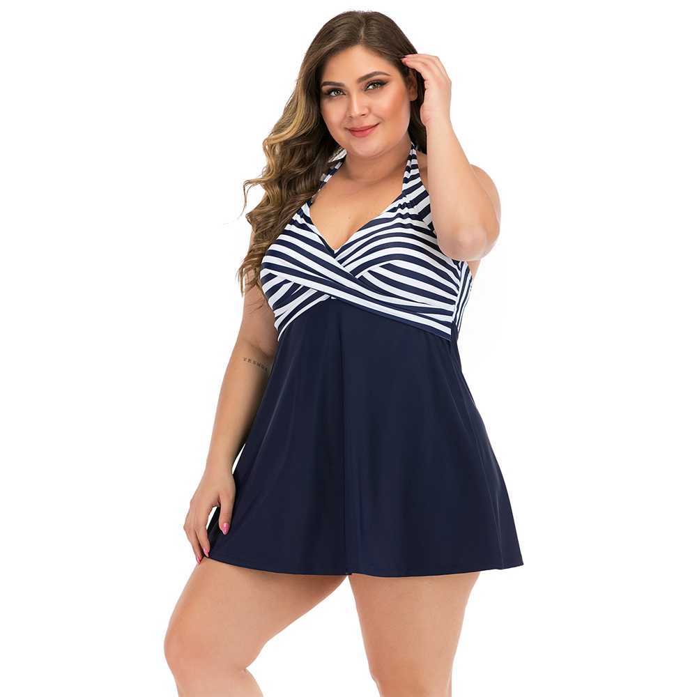 

Monokinni Swimsuit Women Swim Skirt Plus Size Swimwear Shorts Vintage Stripe Large Size Bathing Suit Dress XXXL 210604, Blue