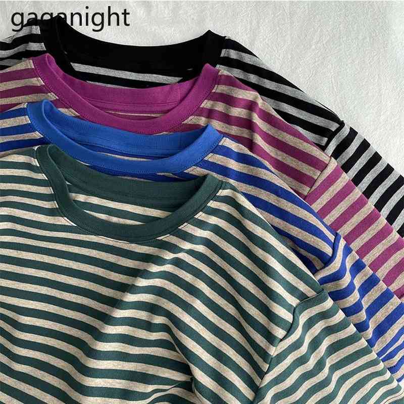 

Gaganight Basic Cotton Summer T Shirt Casual Women Striped Short Sleeve Loose Tee Shirt Fashion O Neck Female Top Tees 210519, Green