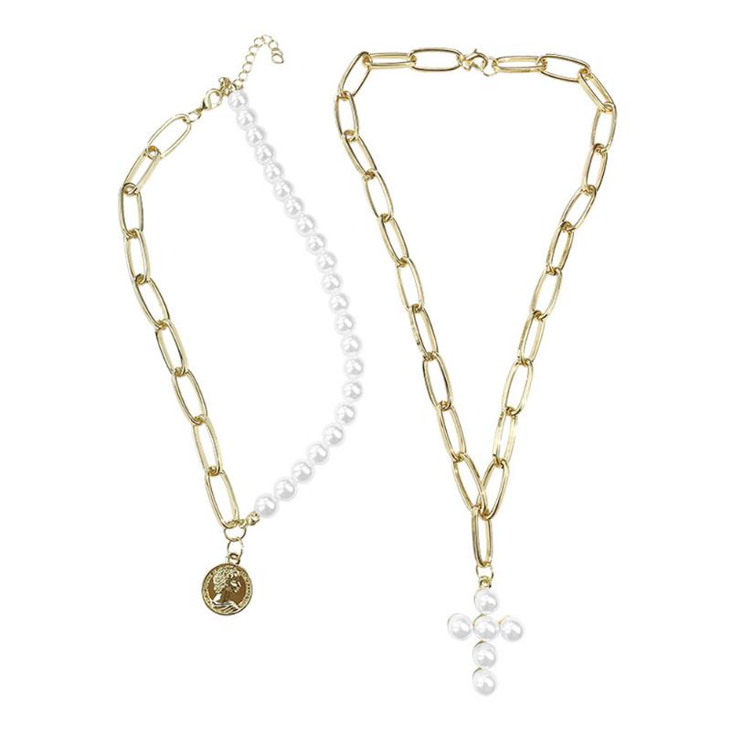 

Pendant Necklaces European And American Fashion Necklace Pearl Cross Thick Chain Multilayer Round Piece Portrait Party Neck