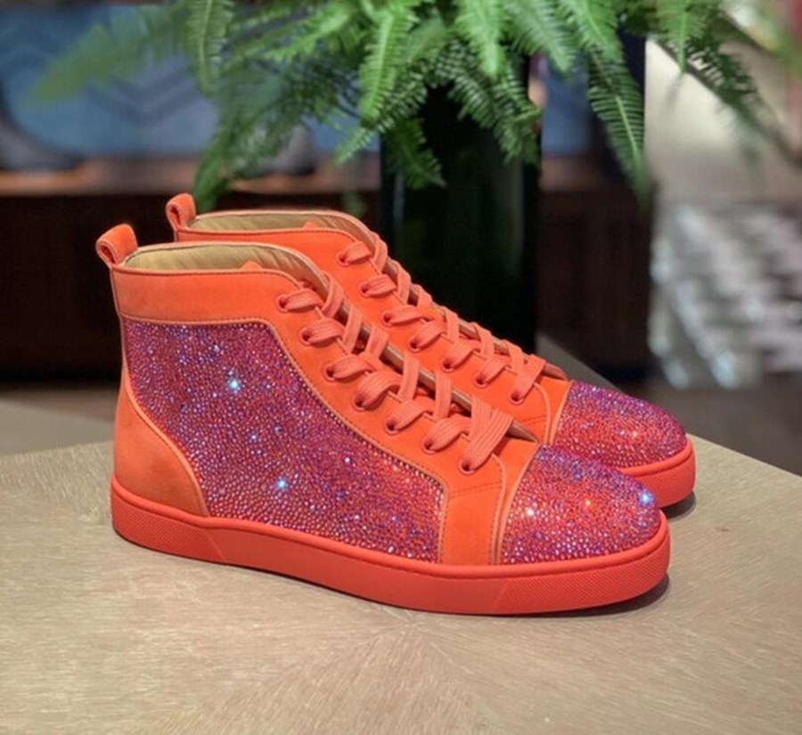 

Originals Designer High-top Strass Casual Shoes Men's Red Bottom Sneaker Spikes Elegant Sole Rhinestone Trainers Dress,Party,Wedding, Black