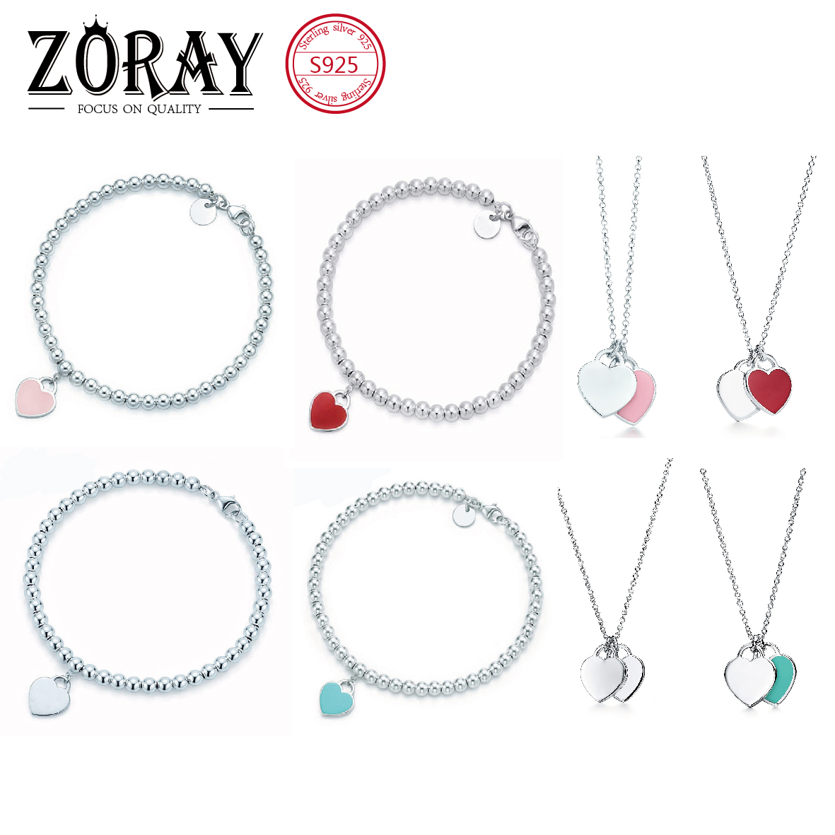 

tiff 925 sterling silver round beads love heart ladies high-end bracelet necklace set, blue heart-shaped with original logo wholesale, Golden;silver