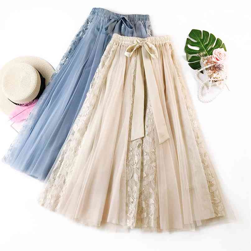 

Fashion Tutu Tulle Skirt Women Long Maxi Korean Cute Bow High Waist Pleated Female School Sun Spodnica 210607, Pink