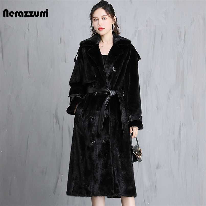 

Nerazzurri Winter Long Black Warm Thick Fluffy Faux Mink Fur Trench Coat for Women with Leather Belt Loose Korean Fashion 211110