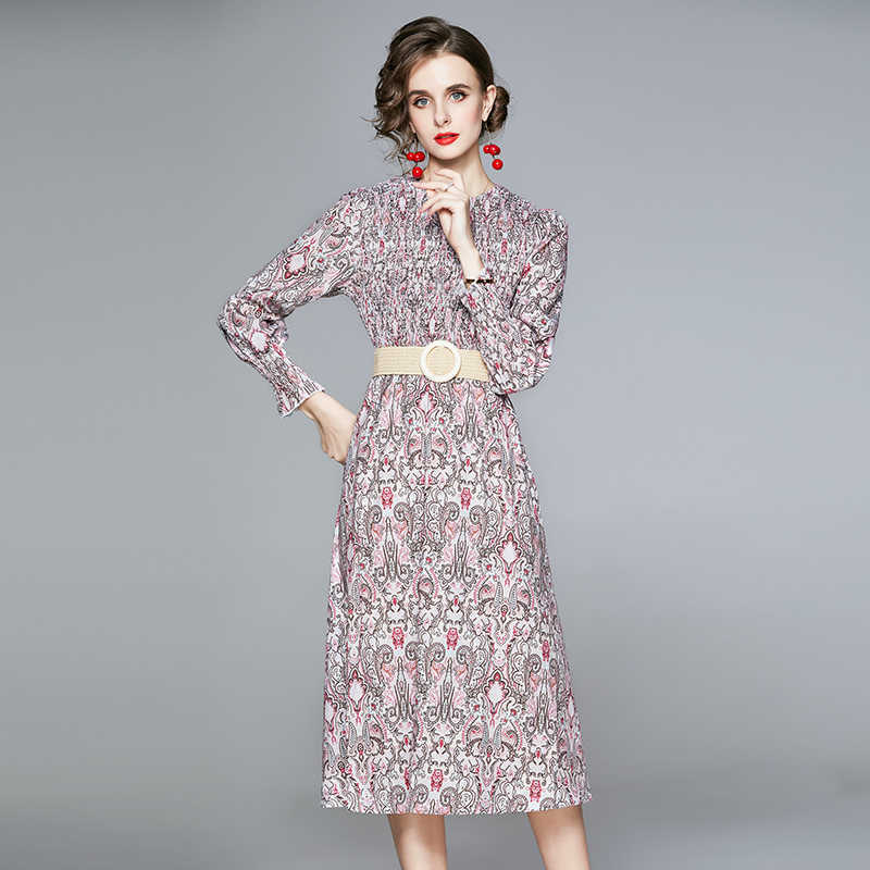 

Women Bohemian Vintage Print Party Dress Fashion Elegant Slim Female O Neck Long Sleeve Holiday Dresses Vestidos 210525, Picture color