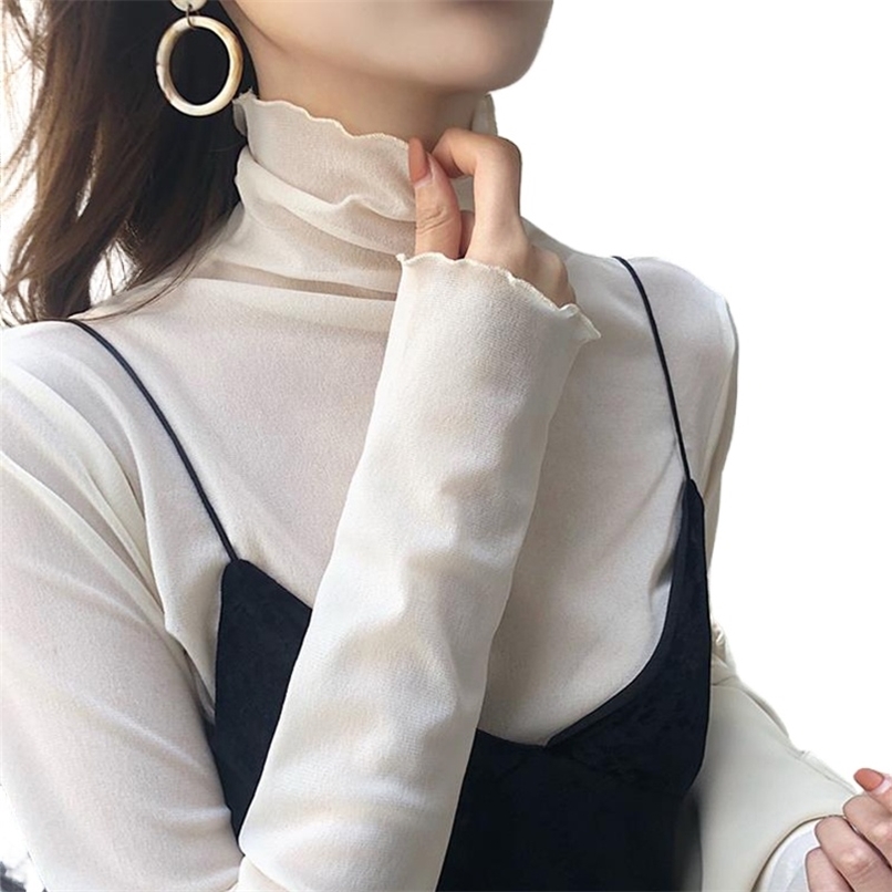 

Sexy Solid Color Fungus High Neck Lace See Through Women Tshirt Retro Temperament Mesh Women's T-shirt Office Lady Splice 210520, Black