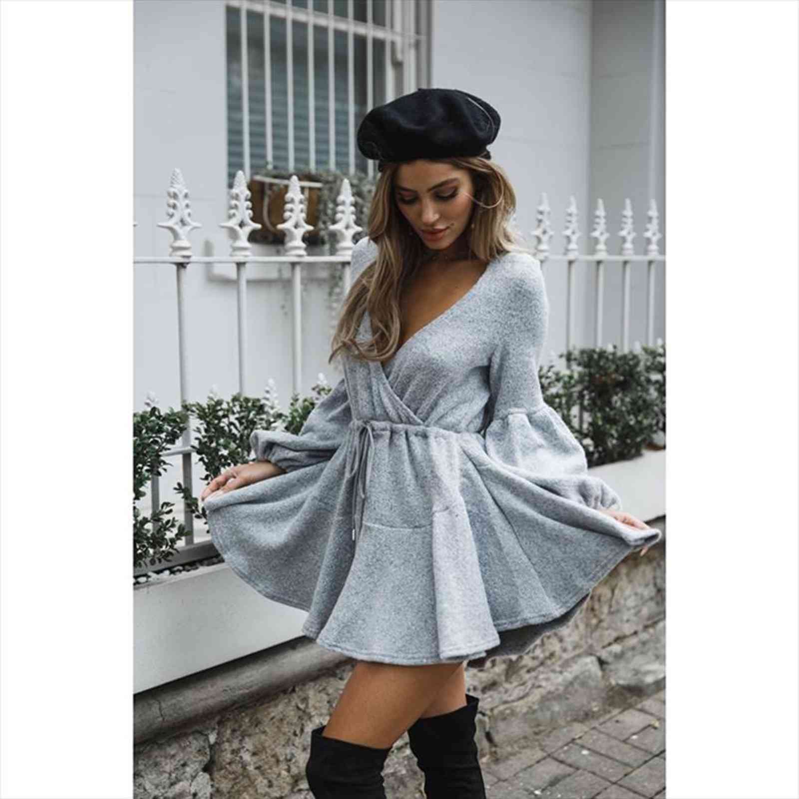 

knitted sweater autumn women dress winter v neck ruffle warm lace up short dresses casual long sleeve solid a, Black;gray