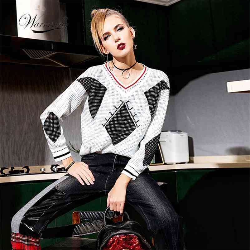 

Top Quality Glitter Stone Short Sweater Female Runway Design Luxury Bling Chic Women's Knitwear Oversize Pullover C-200 210522, White