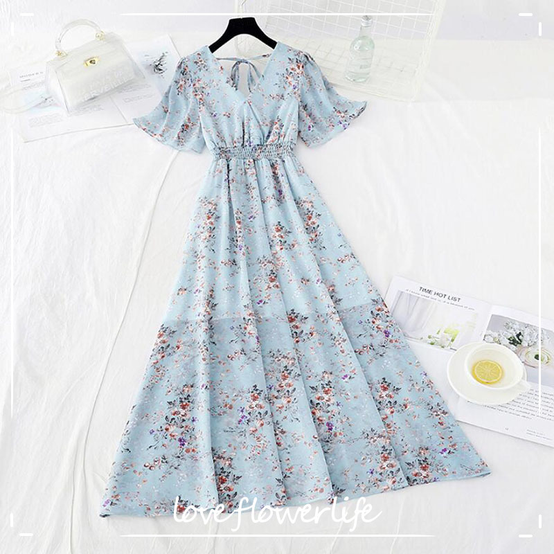 

Summer Dress Women Short Sleeve Ruffled Chiffon Dresses Elegant Vestidos Sexy V-neck Floral Print Beach Midi Dress 210521, Floral 16