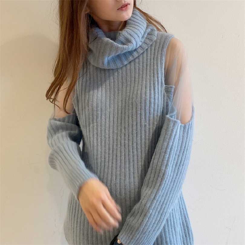 

Kuzuwata Autumn Winter Women Robes Turtleneck Sexy Tulle Off Shoulder Softable Knitted Sweater Dresses Knee Length Vestidos 211110, Blue