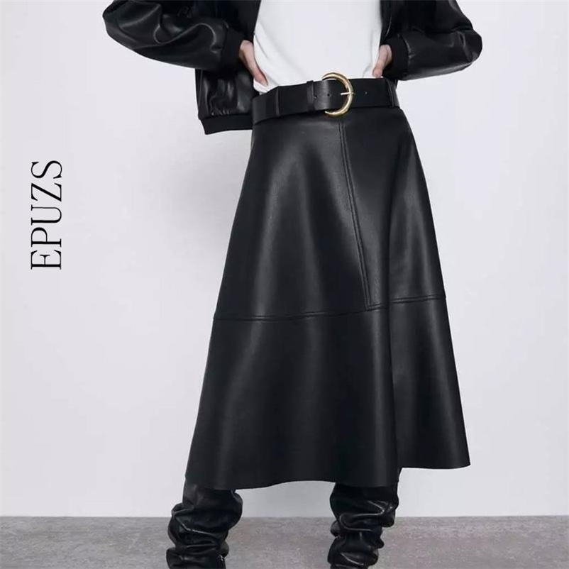 

Vintage black pu leather skirts Womens High Waist Streetwear Casual belt Office midi faldas mujer 210521