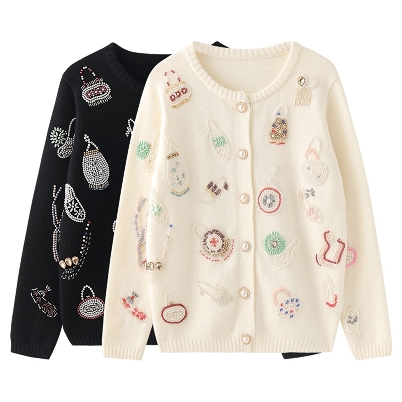 

Heavy Industry High Quality Handmade Beaded Loose Wool Sweater Cardigan Jacket Summer Top women's clothing 210520, Apricot