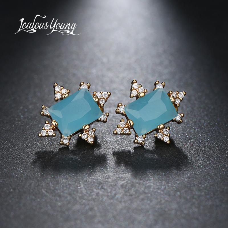 

Stud 2021 Trendy Blue Red Earrings For Women Square Pink CZ Stone Ethnic Girl Christmas AE506, Golden;silver