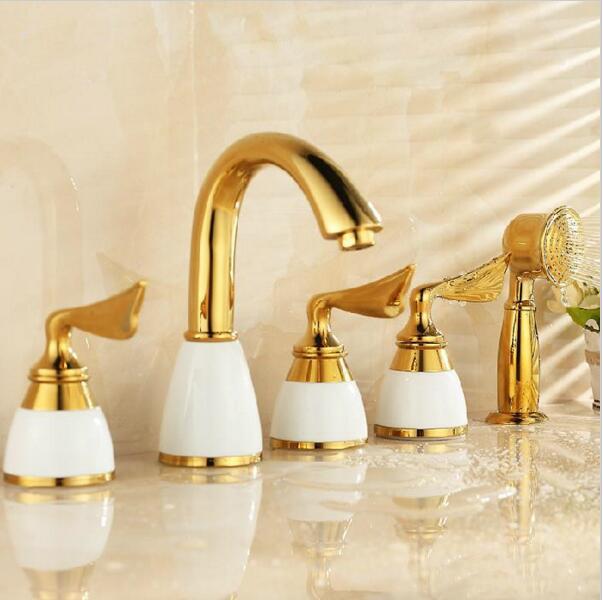 

Bathroom Sink Faucets Design 5 Pcs Gold Polished Solid Brass White Ceramic Basin Mixer Tap Faucet JM5266