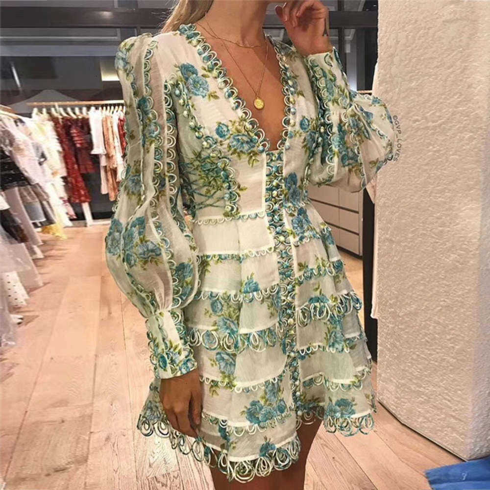 New Designer Runway Dress Women's High Quality Puff Sleeve Sexy V-neck Floral Printed Embroidery Button Resort Dresses
