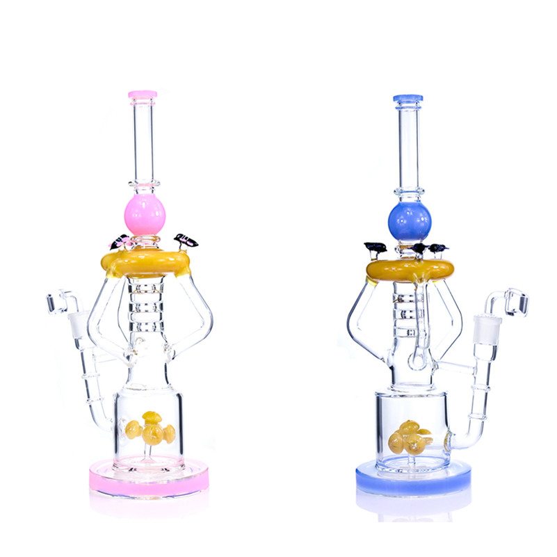 

Pink Bongs Thick Glass recycler Hookahs Bong honeybee decoration Pipes 15'' Tall Dab Rigs Water