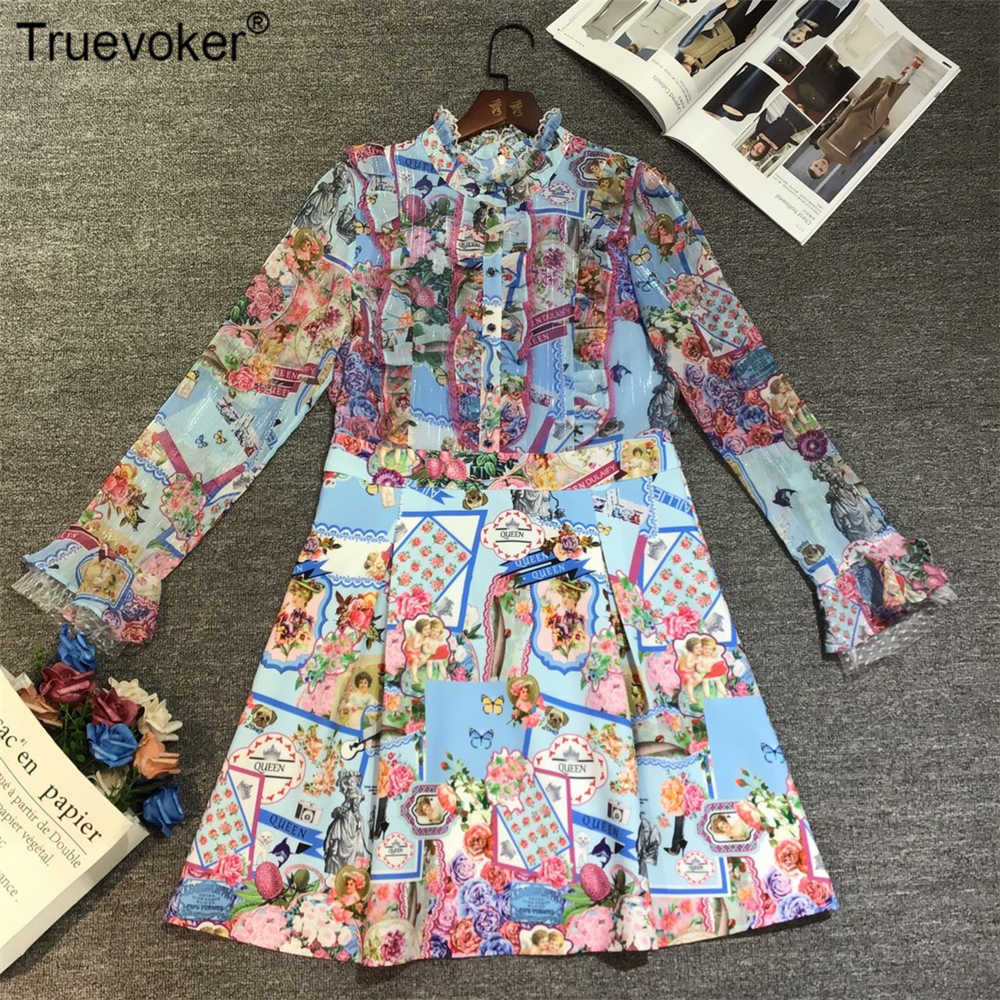 

Truevoker Spring Runway Fashion Ruffles Dresse's Full Sleeve Elegant Blue Angle Print Dress For Party 210602
