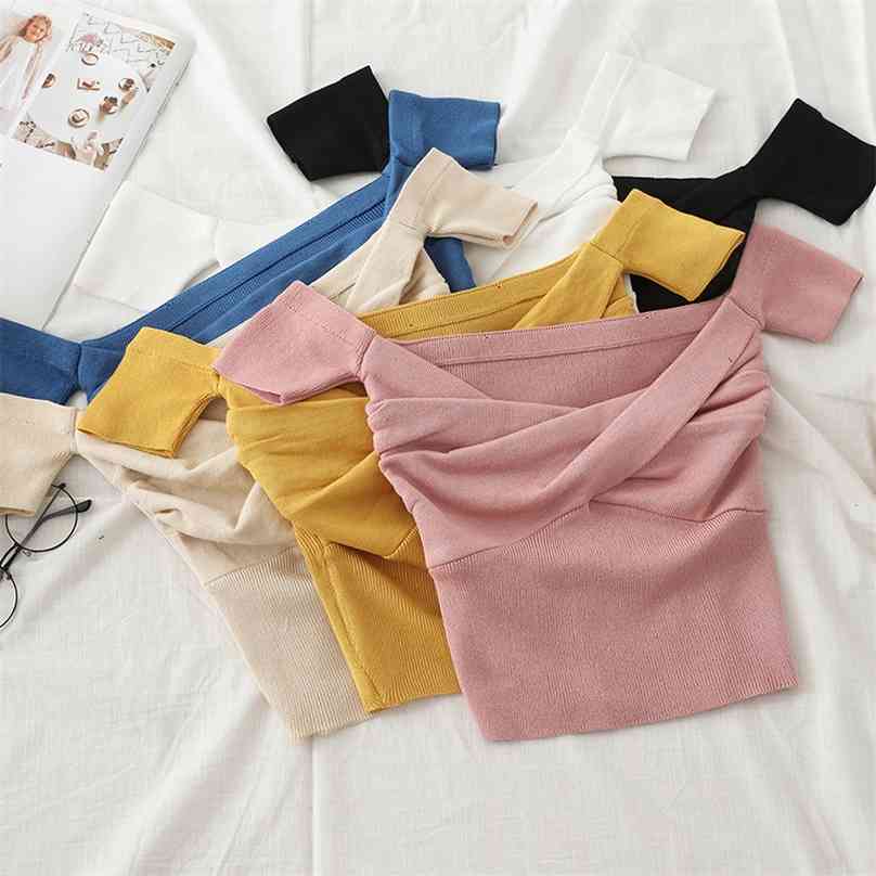 

Off shoulder Sweater Women Sexy Solid Pleated Crop Tops Small Size Highstreet Summer Sweaters For 210607, Yellow