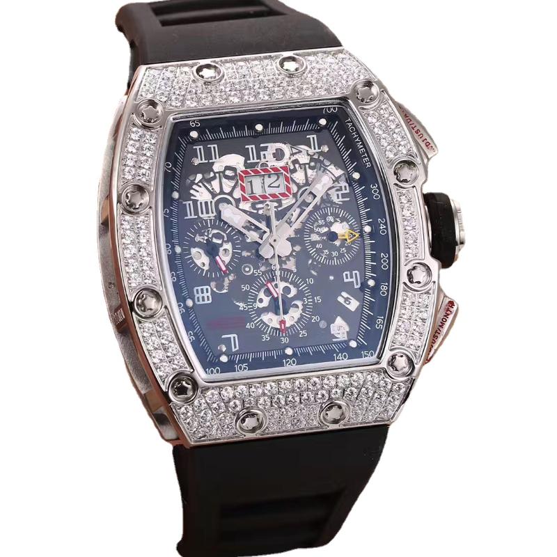 

Wristwatches Automatic Mechanical Men'S Watch Black Rubber Rose Gold Silver Iced Diamonds Tourbillion Sapphire Crystal
