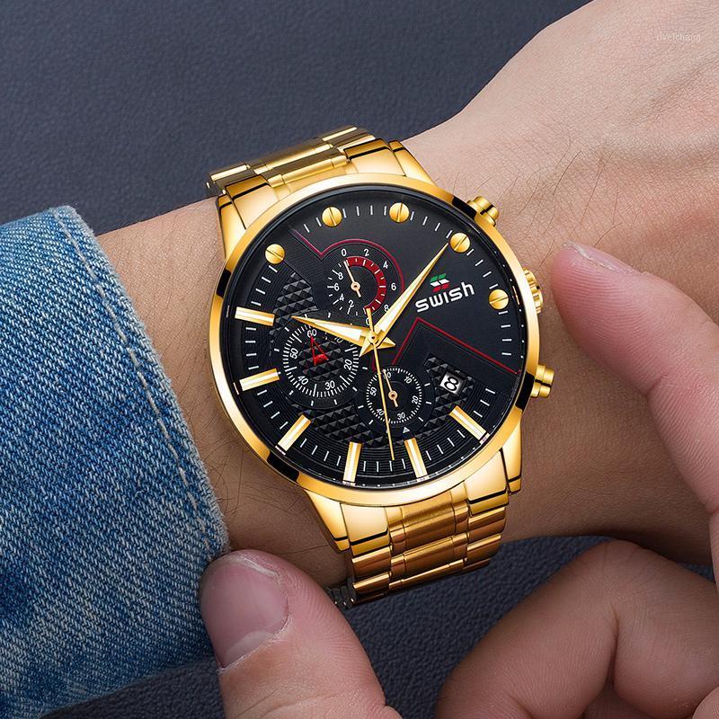 

Wristwatches SWISH Auto Date Watch Quartz Brand Men Luxury Business Wristwatch 2021 Waterproof Sports Military Chronograph Watches Male Relo, Gold