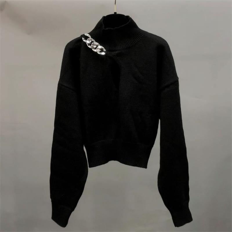 

Women' Sweaters 2021 Autumn Winter High Neck Long Sleeve Chain Short Sweater Female Hollow Hole Sexy Slim Black Knit