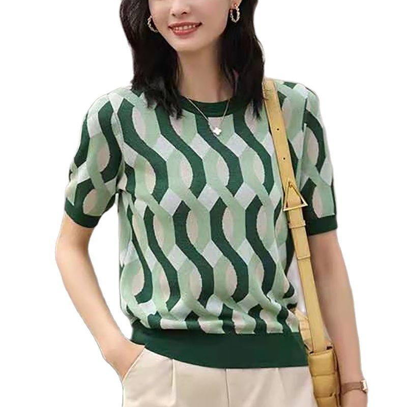 

Women's T-Shirt Chic Striped Knitted T Shirt Women Summer Tops Korean O-Neck Short Sleeve Casual Woman Clothes Tshirts Green Ropa