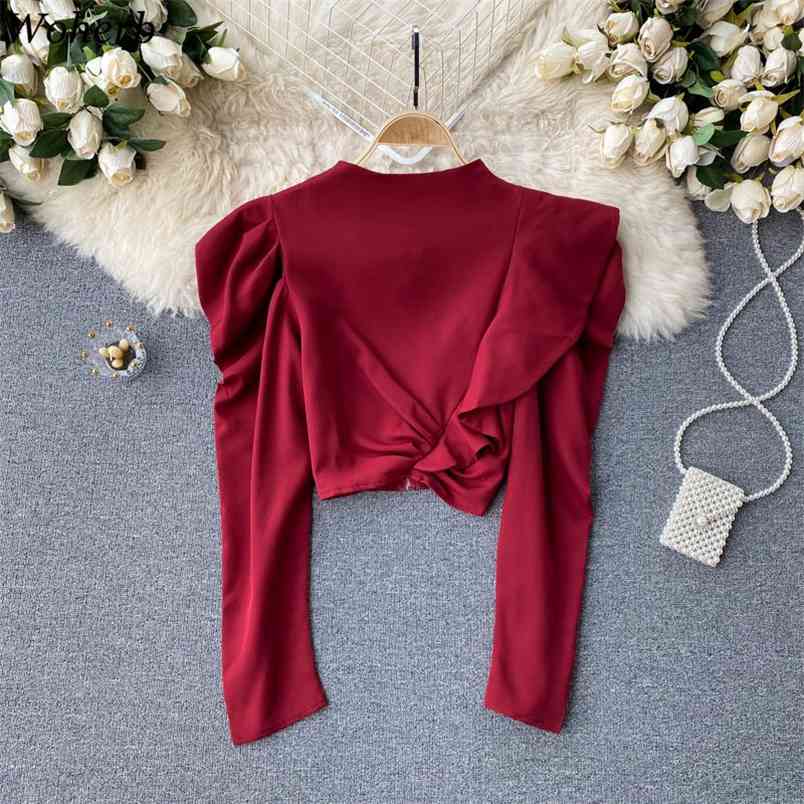 

Women Lantern Sleeve Streetwear Zipper Blouse Casual Solid Ruffle Patch Crop Tops Elegant Shirts Fashion Blusas 210519, Black