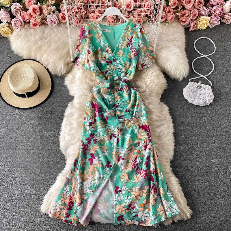 

Summer 2021 Bohemian Vacation Beach Long Dress Women Sexy V-Neck Short Sleeve High Waist Draped Robe Female New Fashion Vestidos Y0603, Green