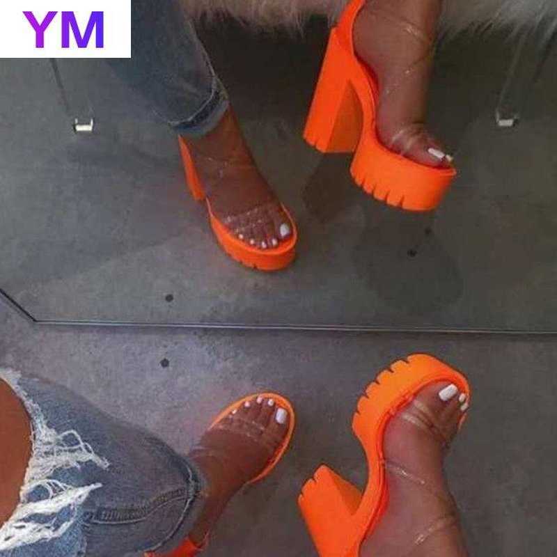 

HOT PVC 2021 New Patent Leather Fluorescent Orange Buckle Strap Women's Sandals Shoes Sexy Party Square High Heels Sandals -43 Y0721