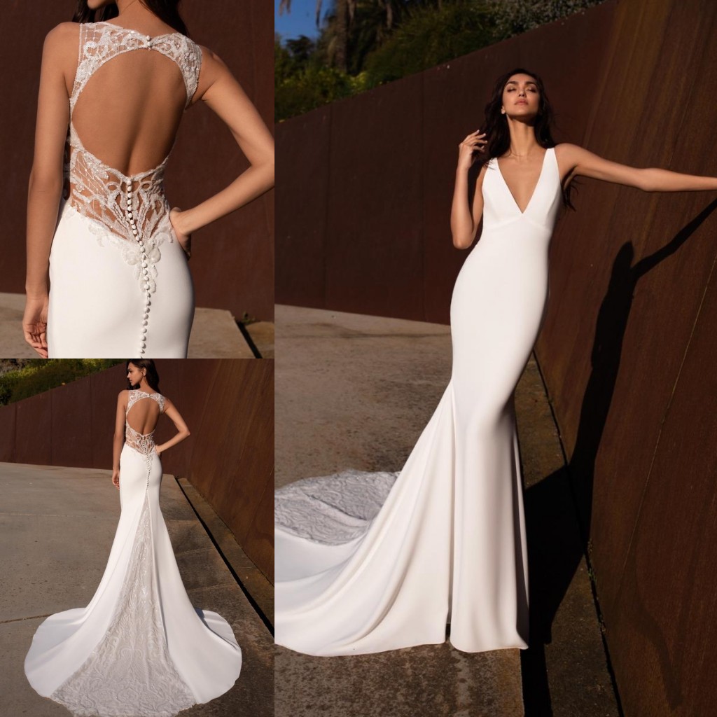 

Plunging V Neck Mermaid Wedding Gowns 2021 Boho Garden Lace Open Back Sexy Bridal Dress Summer Beach Court Train Brides robes de mariée Marriage Vestidos Simple AL9088, Ivory