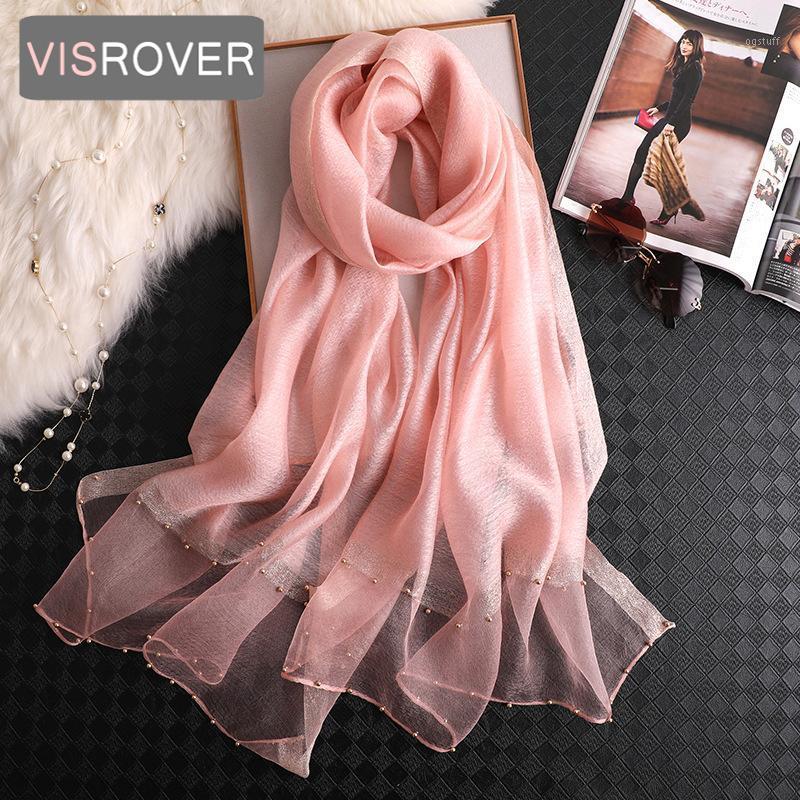 

Scarves VISROVER Summer Women Silk Scarf With Pearls Fashion Woman Lurex Hijab Beach Cover-ups Wraps Bandana Wholesales, Blue;gray
