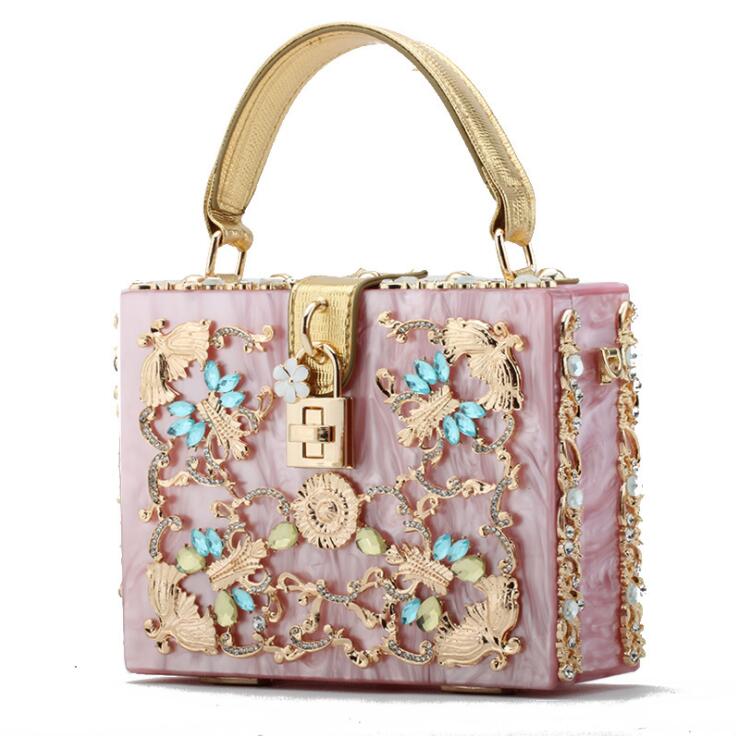 

Factory wholesale women bag high quality acrylic diamond handbag fashion alloy carved portable hard pack elegant diamonds evening bags, Black(boutique box)