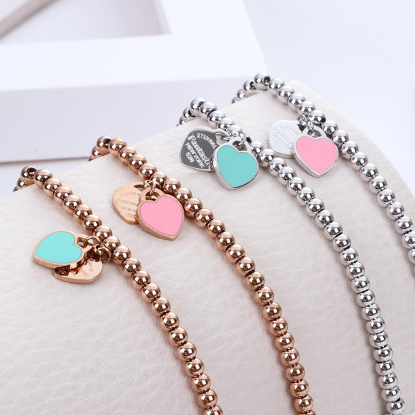 

Fashion Jewelry Women Stainls beaded bracelet Forever Love enamel pink blue Heart charms Pulsera Bracelets