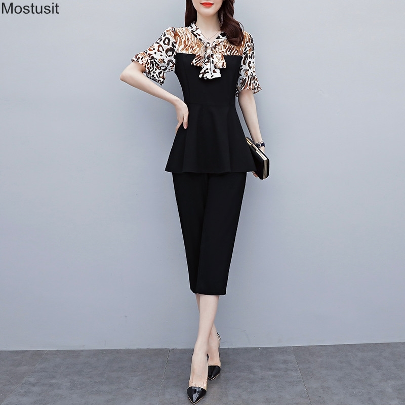 

Summer OL Two Piece Set Women Plus Size 5xl Fashion Leopard Patchwork Tunic Lace Up Tops + Pants Suit Korean Work Outfits 210518, Black