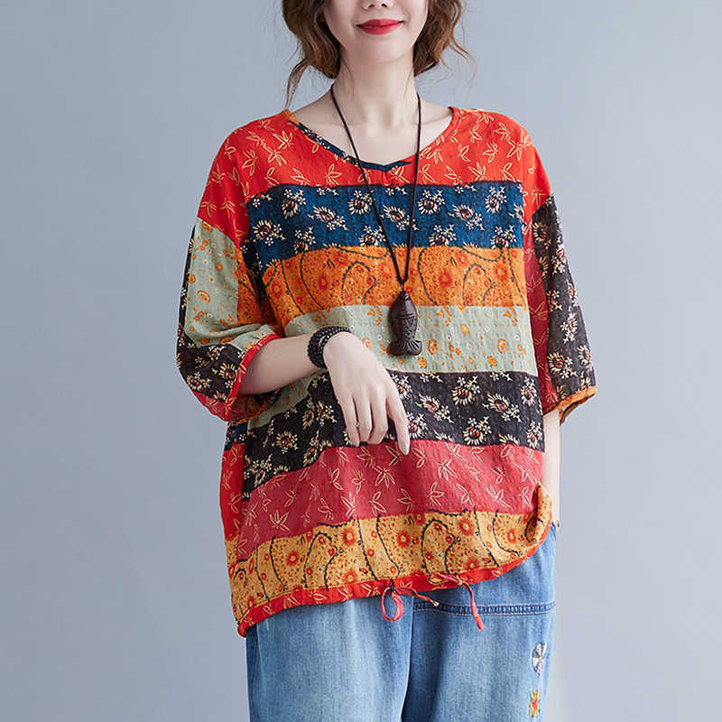 

Arrival Summer Arts Style Women Loose Casual Short Sleeve V-neck T Shirt All-matched Cotton Linen Striped Print Tshirt W258 210608, Picture color