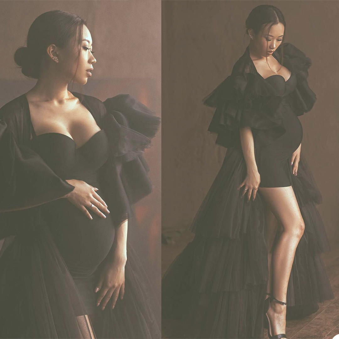 

Fashion Pregnant Women Photoshoot Dress Sleepwear Black Tiered Ruffles Long Sleeve Party Evening Gown Bathrobe Nightdress