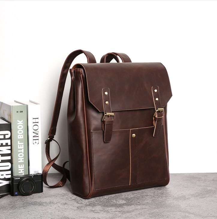 

Factory wholesale men bag retro crazy horse leather backpack street trend plaid mens shoulder bags large outdoor cycling leisure leathers travel backpacks, Brown