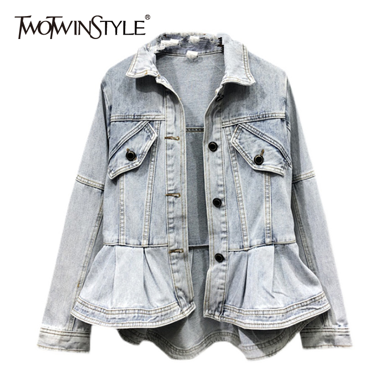 

Casual Solid Denim Coat For Women Lapel Long Sleeve Patchwork Pockets Straight Jackets Females Spring Fashion Style 210524, Lightblue