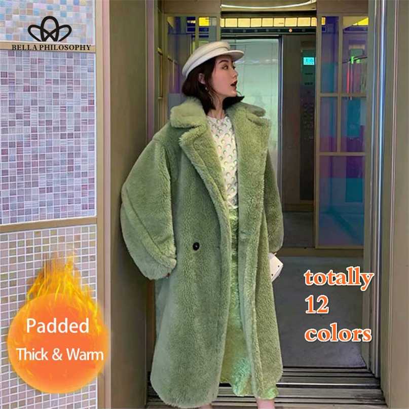 

Women Winter Faux Fur Warm Long Coat Vintage Long Sleeve Female Thick Teddy Bear Coat Casual Loose Oversize Outwears 211018, Army green