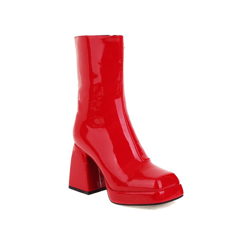

Boots Red, White And Black Patent Leather Women's Stitching Thick-heeled Thick-soled Short 2021 Autumn Winter Fe