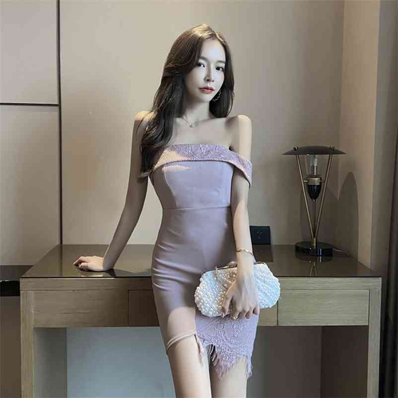 

Nightclub women' oblique shoulder tube top waist bag hip open back tight slimming lace dress Lace Office Lady 210603, Lotus color