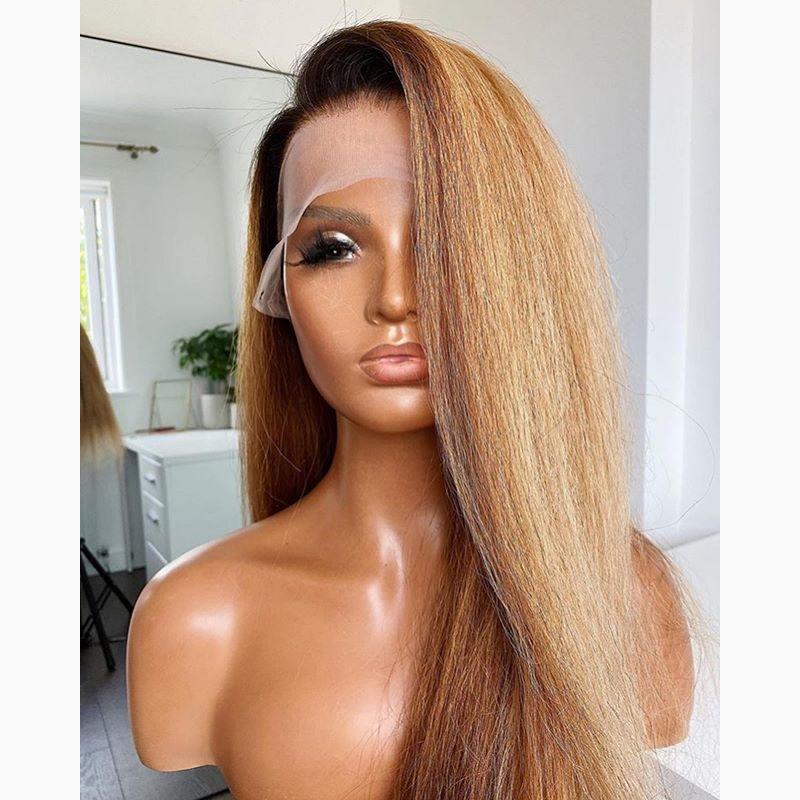 

Preplucked Synthetic Daily Party Wear Glueless 26 Inch Long Soft Glueless Kinky Straight 180 Density Ombre Blonde Yaki Lace Front Wig for Black Women with Baby Hair, As the picture shows