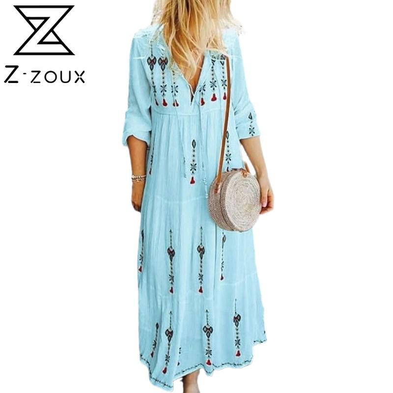 

Women Dress V-neck Long Sleeve Print Plus Size Dresses Casual Loose Flower Bohemian For 210524, Green