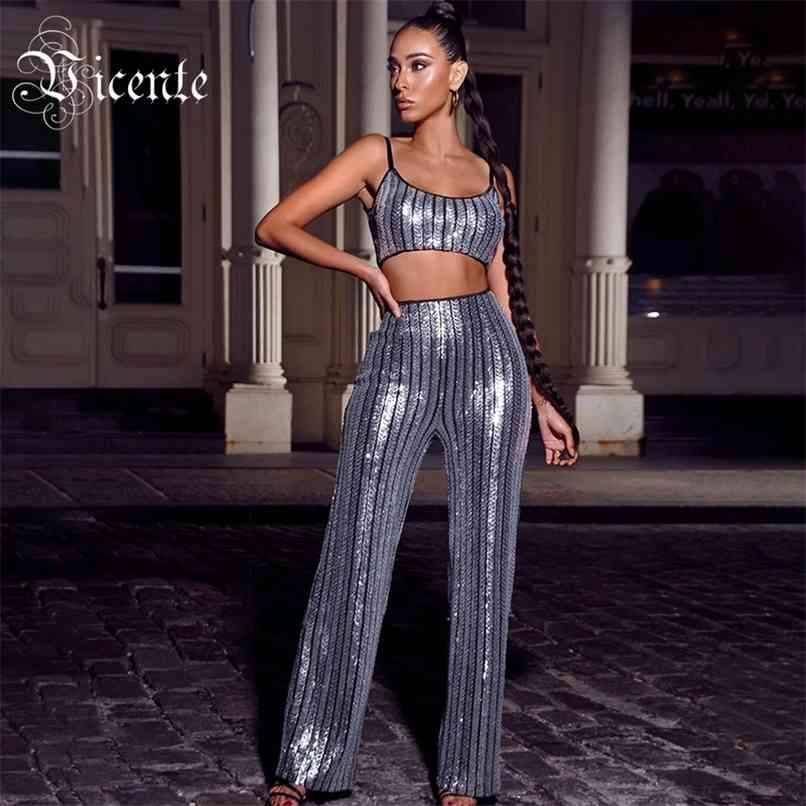 

Chic Silver Striped Sequins Two Pieces Suit Sexy Sleeveless Celebrity Party Crop Tops Pants 210520