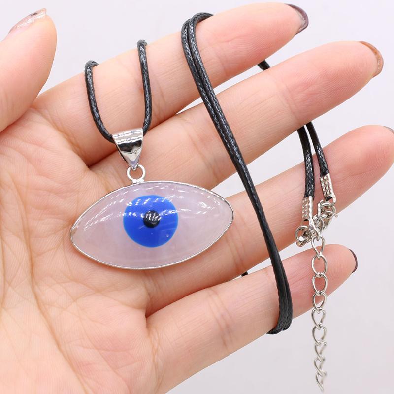 

Pendant Necklaces Natural Stone Rose Quartz Horse Eyes Shape Eye Beads Alloy Necklace For Woman Jewelry DIY Accessories Reiki Healing Gift, Silver